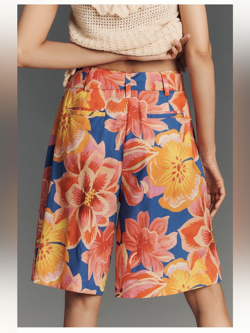 Floral Print High-Waist, Wide Leg, Knee Length Linen Shorts in Blue/Pink/Yellow - Picture 8 of 8